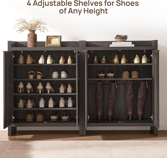 SICOTAS Shoe Storage Cabinet Set of 3, Large Capacity Rattan Shoe Cabinet for Entryway, 6-Tier 41" Tall Shoe Cabinet, Farmhouse Wooden Storage Cabinet for Living Room Hallway, Black Oak