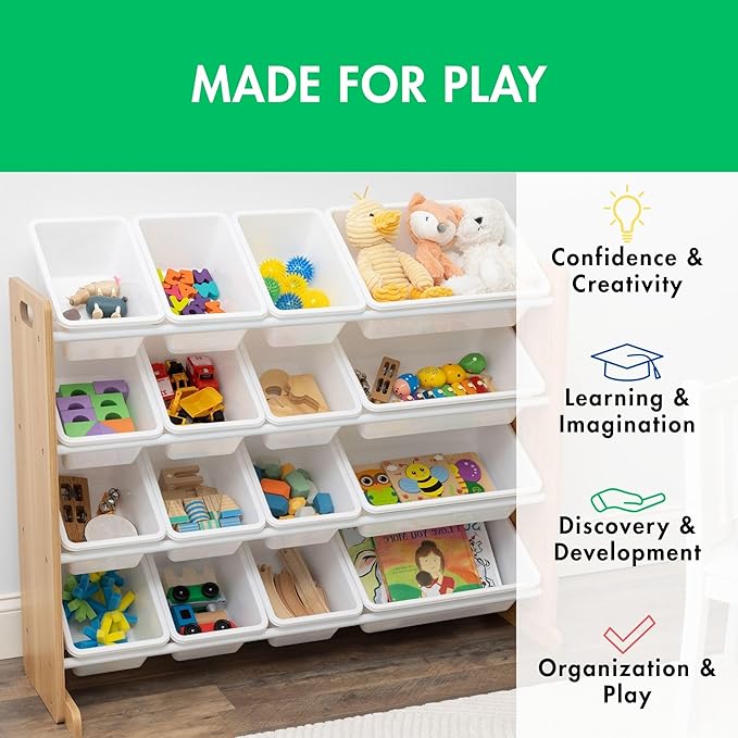 Humble Crew Toy Storage Organizer with 16 Removable Storage Bins for Kids Playroom, 4-Tier Toddler Toy Organization and Storage, Natural Wood/White