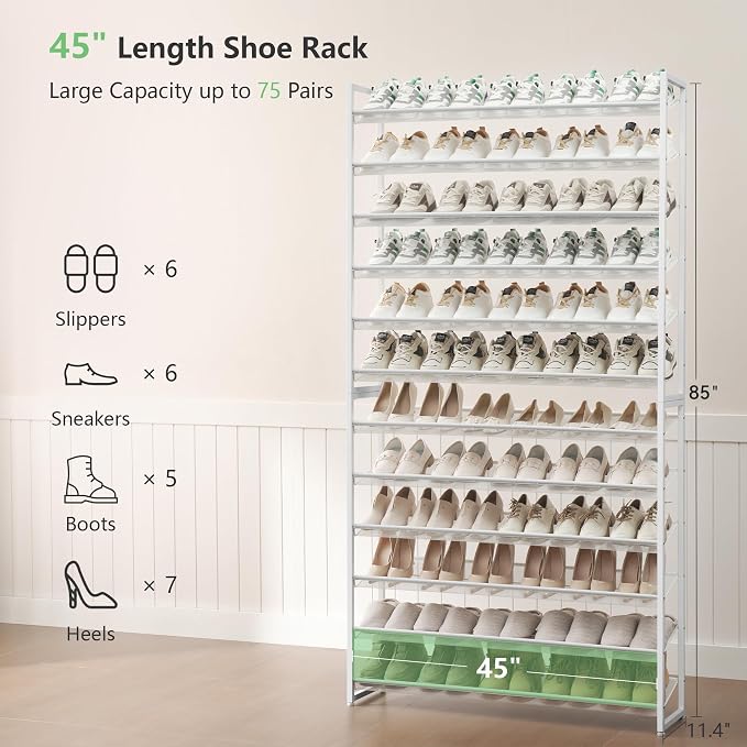 Nunsino Shoe Rack, Long Shoe Organizer,Max Holds 75 Pairs,12 Tier Metal Shoe Storage Shelf,6-Tier Stackable Shoes Organizer for Garage, Entryway,White