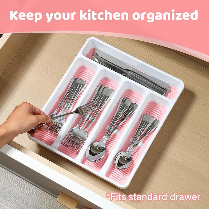 shopwithgreen Silverware Organizer with Cutlery Icons，Silverware Tray for Kitchen Drawer，Plastic Flatware Drawer Organizer Utensil Organizer with Non-slip TPR Linings，5-Compartment Silverware Caddy