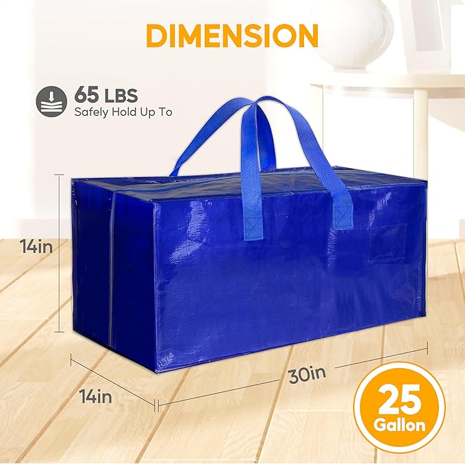 HealSmart 8 Pack Extra Large Moving Bags with Zippers & Carrying Handles, Heavy-Duty Storage Tote Moving Boxes for Dorm Room Essentials Storage Bags, Blue