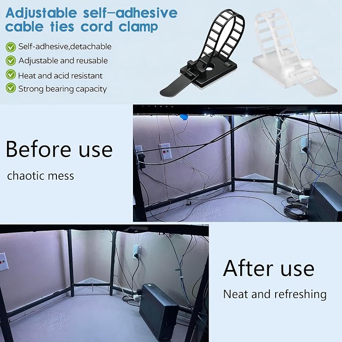 Adjustable Adhesive Cable Management Clips for Desk,Black,100 Pcs | Large self Adhesive Cable Ties Clips,Suitable for desks or wall adhesive wire organizer extension cord management clips