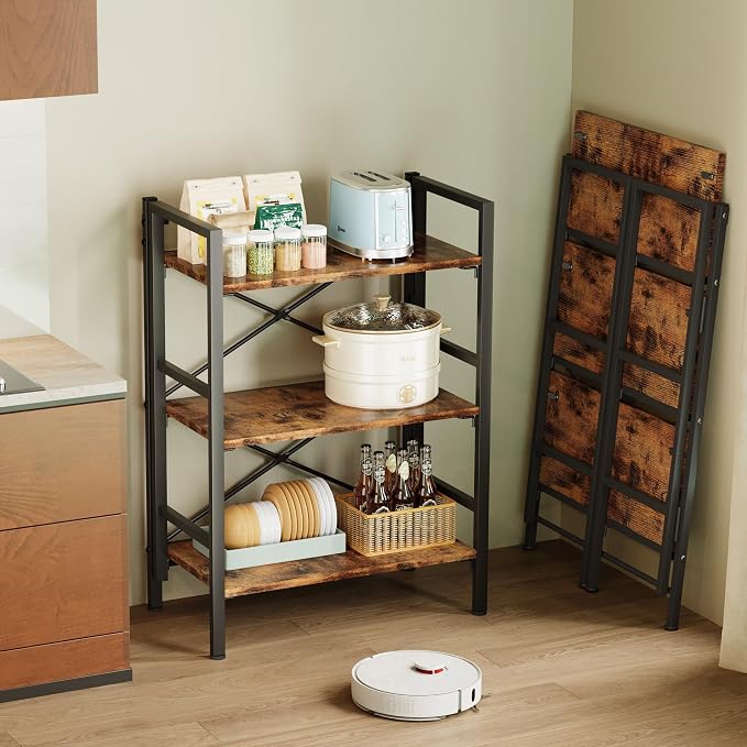 Homeiju Folding Bookshelf No Assembly, 3 Tier Bookcase Foldable Shelf with X-Bracket Design, Adjustable Feet, Space Saving Storage for Living Room, Office (Rustic Brown)