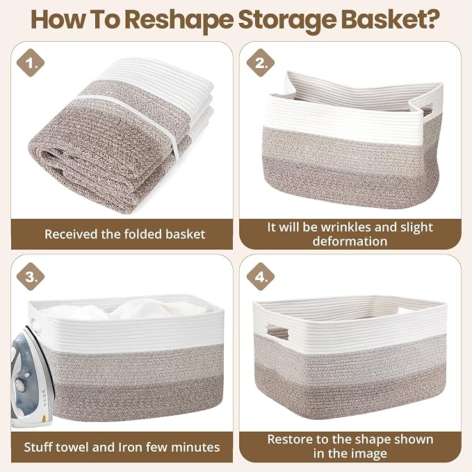 Optish 75L Large Blanket Basket, Woven Storage Baskets with Reinforced Handles, Rope Laundry Basket for Living Room, Bedroom, Nursery, Toys, Clothes, Pillows, 22” x 17” x 11.5”, White & Brown