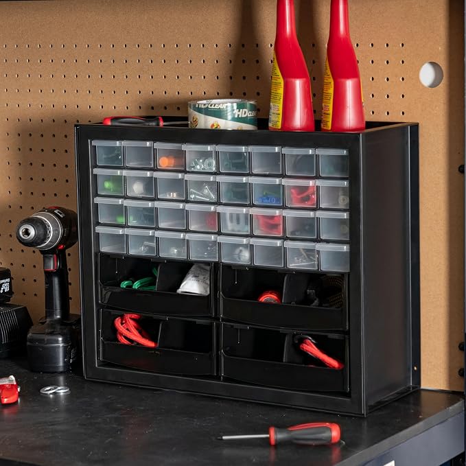 IRIS USA 32-Drawer Organizer with 4 Bins and Dividers, Made in USA, Screw Organizer, Garage Tool Organization, Multi Drawer and Bins For Small Parts, Electronics, Building Blocks, Black