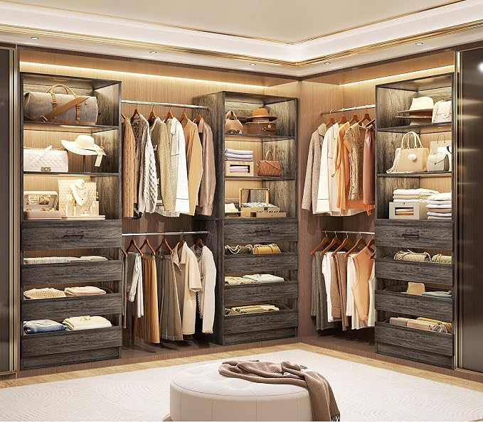 Aheaplus Closet System with 12 Drawers, 8.5-11.5Ft Wood Closet Organizer System with 4 Hang Rods & 3 Towers, 4Ft & 6Ft L-Shaped Walk-in Closets Wardrobe Organizer Clothes Rack, Set of 3, Black Oak1