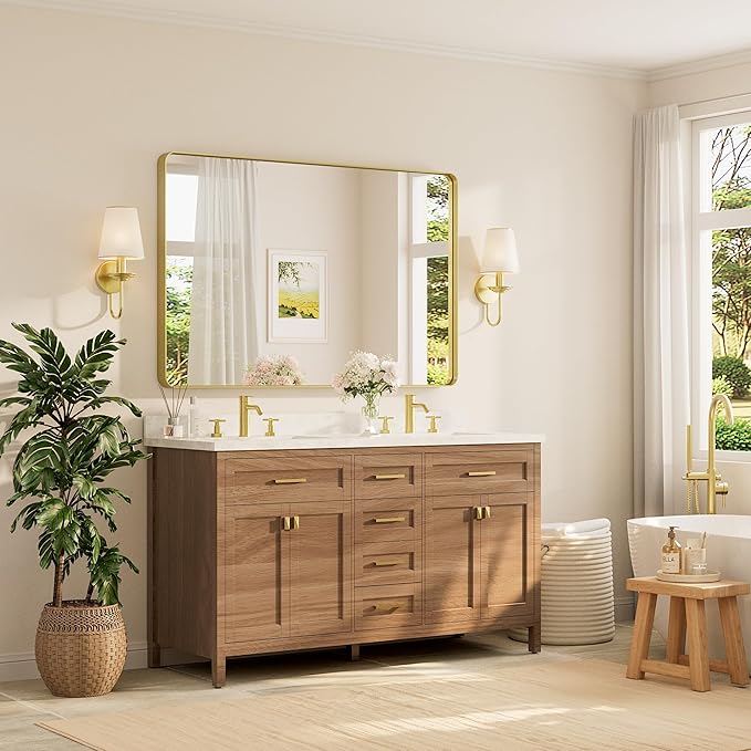 TETOTE 55 x 36 Inch Bathroom Mirror, Brushed Brass Gold Vanity Mirror, Modern Rectangle Metal Frame Decorative Wall Mirror for Entryway Shatterproof (Horizontal/Vertical)