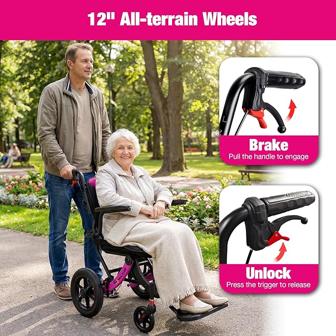 Wheelchairs for Adults Ergonimic Transport Chair Lightweight Foldable with Telescopic Handle 11-inch Big Wheels for All Terrains Travel Wheelchair with Removable Cushion