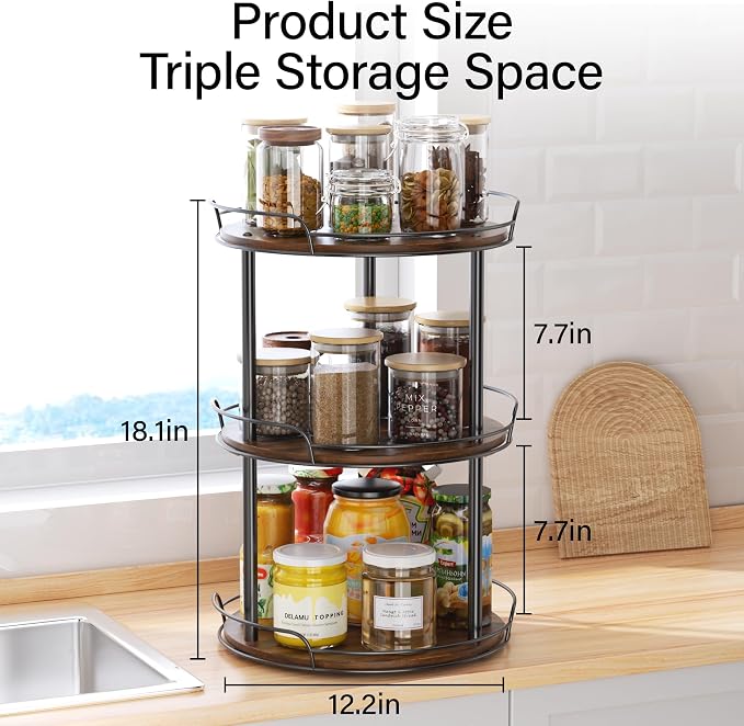 12'' Rotating Spice Rack, 3-Tier Lazy Susan Turntable Organizer | Wooden, for Cabinet, Table Top, Kitchen Countertop, Pantry, Bathroom, Vanity, Home Decor