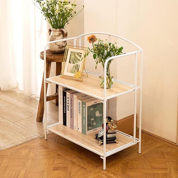 Crofy 2-Tier Foldable Bookshelf, White Frame & White Oak Shelves | No-Assembly Collapsible Portable Storage Organizer; Sturdy White Oak Finish Shelves; Ideal for Living Room & Home Office