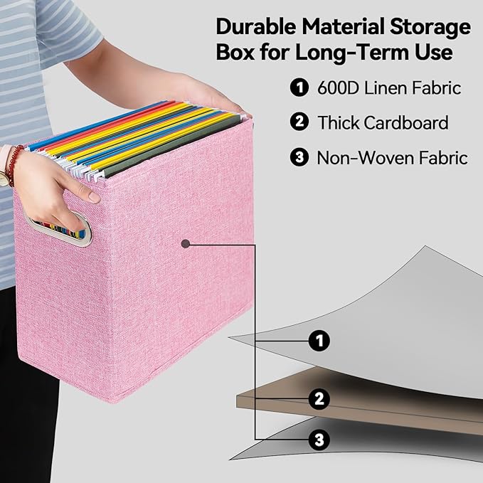 4 Pack Letter Size File Storage Box Collapsible，Fabric Hanging File Folders Organizer, Portable Office Document Holder with Metal Handle, Smooth PVC Rails, Pink