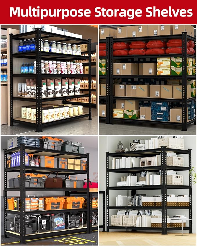 PrimeZone 36" x 16" x 72" Heavy Duty Storage Shelves - 5 Tier Adjustable Garage Storage Shelving, Metal Storage Utility Rack Shelf Unit for Warehouse Pantry Closet Kitchen, Black, 2 Pack