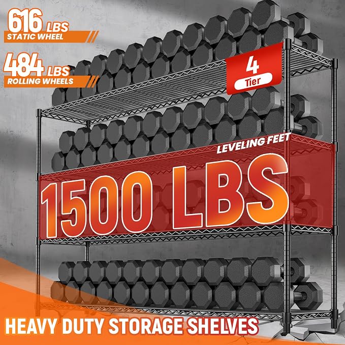 60'' W Storage Shelves Wire Shelving with Wheels, Heavy Duty Metal Garage Shelving, Adjustable Wire Rack with Liners, Fits 27-Gallon Totes, for Commercial & Warehouse, 60" W x 18" D x 63.78" H