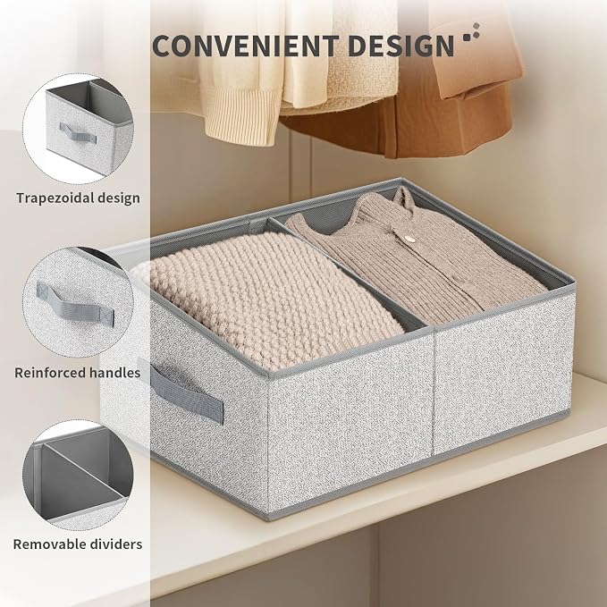 DIMJ Large Closet Shelf Organizer Bins 6 Packs with Handles and Divider, Fabric Trapezoid Storage Baskets, Foldable Clothes Containers Box for Shelf, Towel, Book, Toy, Purse, Hats, Grey