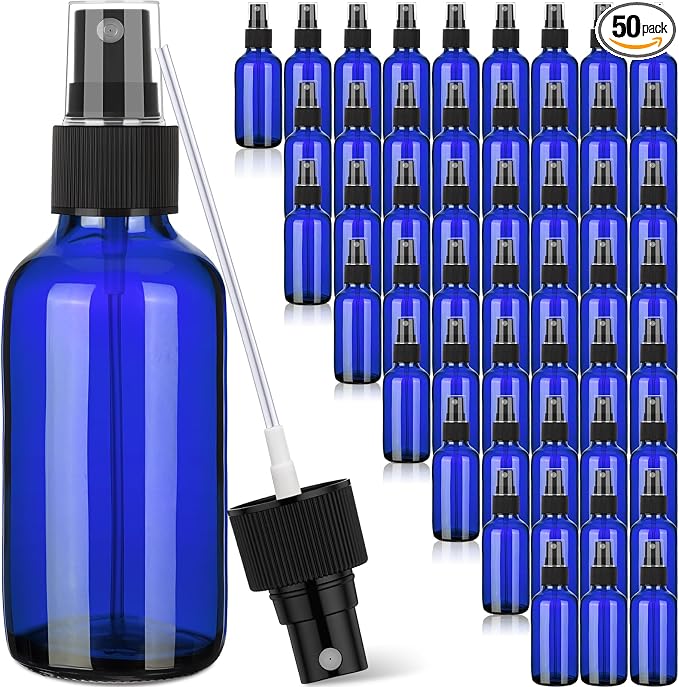 Maxcheck 50 Pieces 4oz Glass Spray Bottles for Essential Oil Small Empty Spray Mist Bottle Empty Fine Mist and Refillable Mister Refillable Liquid Containers for Perfumes, Cleaning(Blue)