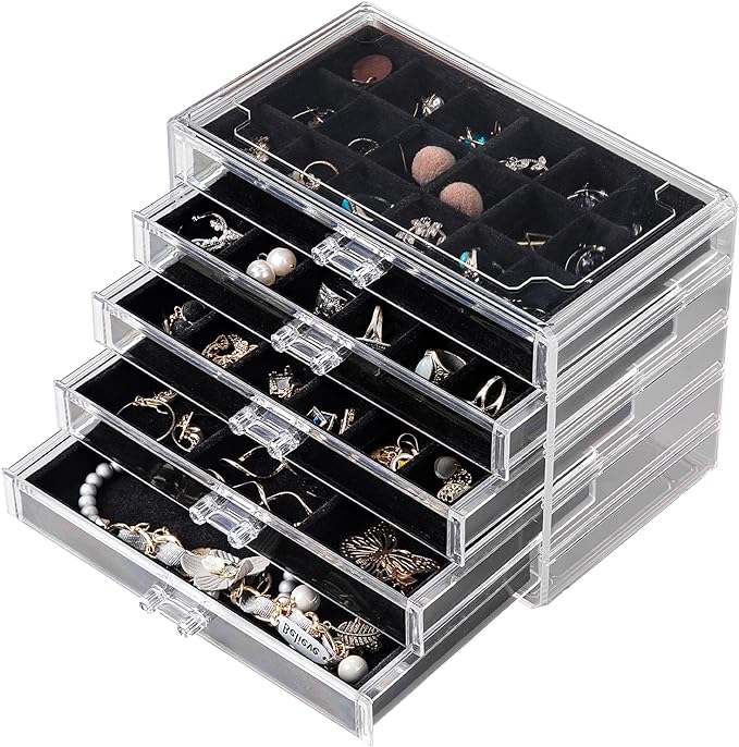 Frebeauty Acrylic Jewelry Organizer Earring Organizer Box with 5 Drawers Earring Holder Organizer with Velvet Trays Clear Jewelry Box for Women Earring Display for Rings Studs(Black) | 61 Jewelry Storage Grid for Rings Studs Bracelet,Velvet Lining,Tran...