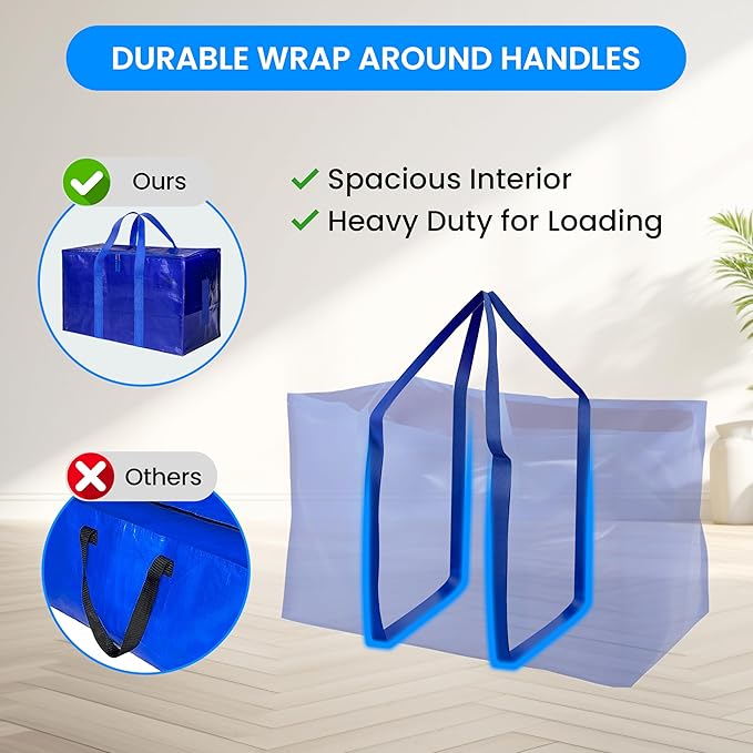 Simple Deluxe 12 Pack Extra Large Moving Bags with Lids, Reinforced Handles and Zippers, Heavy Duty Storage Tote for Moving Travel Camping Space Saving, Blue