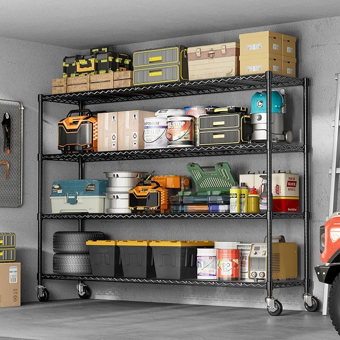 60'' W Storage Shelves Wire Shelving with Wheels, Heavy Duty Metal Garage Shelving, Adjustable Wire Rack with Liners, Fits 27-Gallon Totes, for Commercial & Warehouse, 60" W x 18" D x 63.78" H