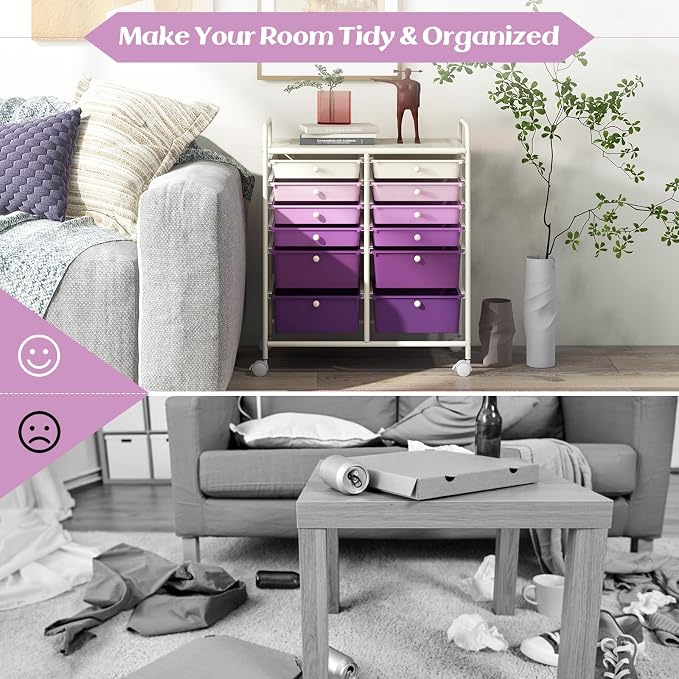 Moccha 12-Drawer Rolling Storage Cart - Utility Cart on Wheels with Lockable Casters for Craft Art Supply Paper Salon, Mobile Drawer Carts for Classroom Teacher School Office (Gradient Purple)