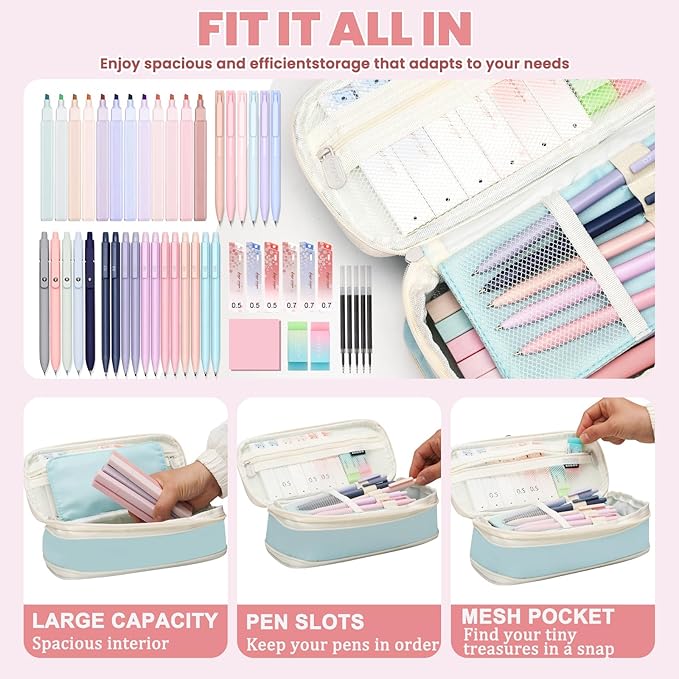 50 PCS Aesthetic School Supplies with Cute Pen Case,12 Pastel Highlighters,5 Black Ink Gel Pens, 12 Mechanical Pencils Set 0.5 & 0.7 mm 6 Color Gel Pens for Students Stationary College Essentials Blue