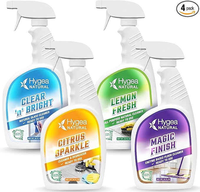 Hygea Natural Cleaning Supplies Kit All Purpose Cleaners, Citrus Degreaser, Floor and Tile Cleaner, Window, Glass and Mirror Cleaner- No Harsh Chemicals, Family safe - 4 Pack 24 oz Sprays