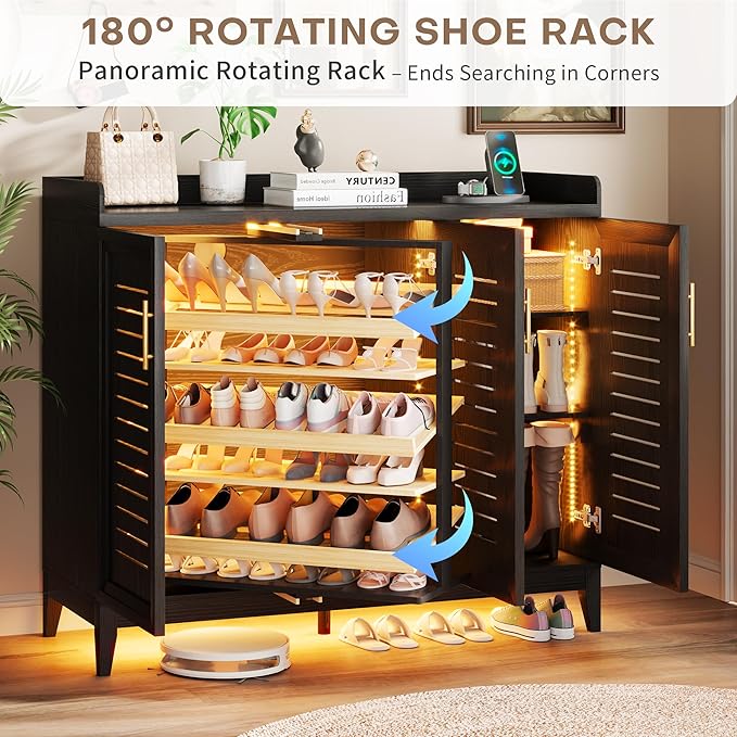 Vlsrka Shoe Storage Cabinet with Shutter Doors and Adjustable Shelves | 6 Tier Wooden Shoe Organizer, Large Capacity, Human Sensor Lighting, 180° Rotating, for Entryway, Hallway, Living Room, Black
