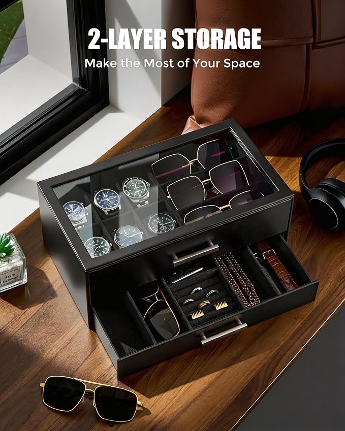 ProCase Watch Case, Mens Jewelry Box for 6 Watch & 5 Sunglasses -Black | Pull-Out Drawer 2-Tier Leather Watch Organizer with Glass Display Top, fit Watches Size Up to 50 mm, Gift for Men & Women