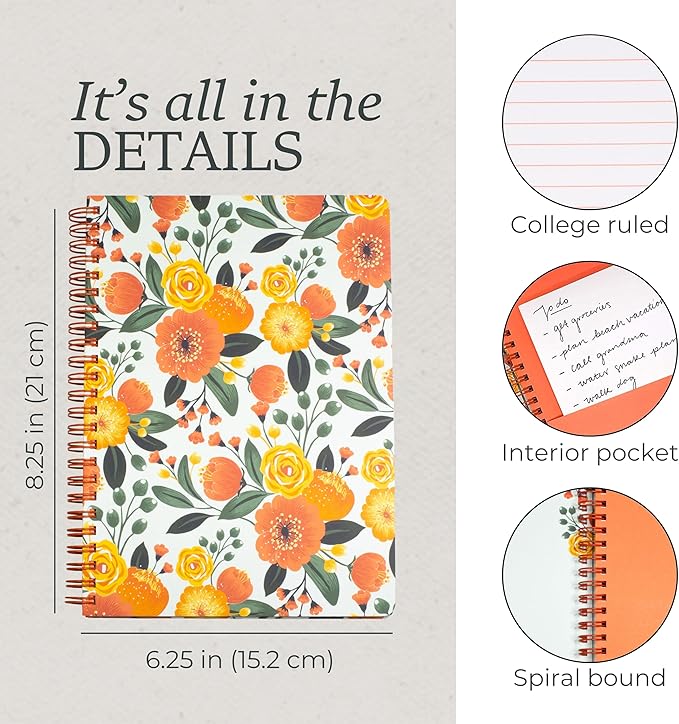 Steel Mill & Co Cute Mini Spiral Notebook, 8.25" x 6.25" Journal with Durable Hardcover and 160 Lined Pages, Orange Floral