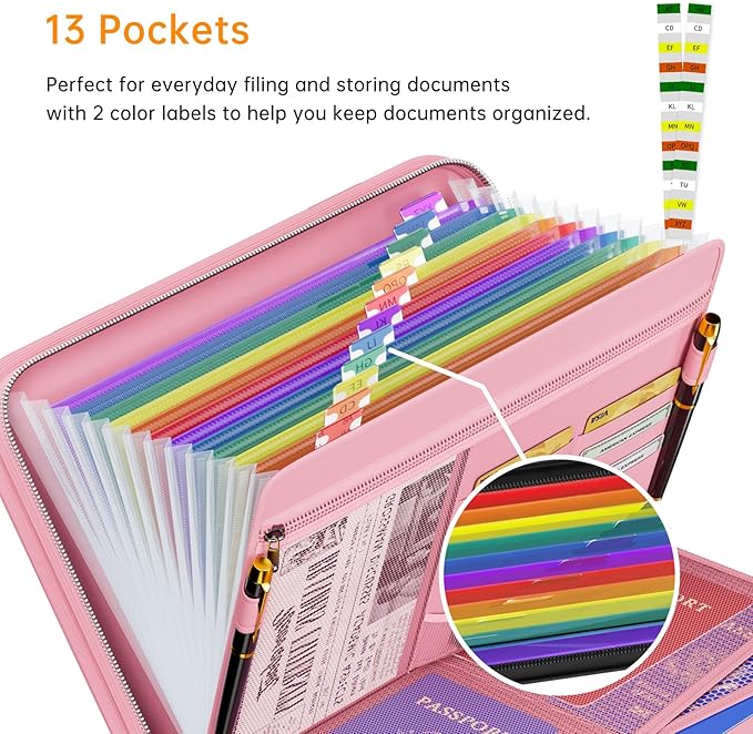 Tamfile Fireproof Accordion File Organizer with Handle, 13 Pocket Colorful Expanding File Folder with Zipper & Labels, File Folder with Multi-Pockets Paper Organizer Folder for Letter A4 Files (Pink)