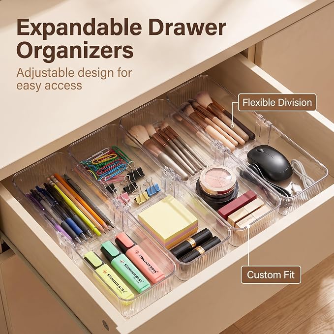 8-Piece Kitchen Storage and Organization Set | Expandable Drawer Organizer Bins and Stackable Storage Containers for Cabinet, Pantry,Refrigerator,Clear Plastic Adjustable