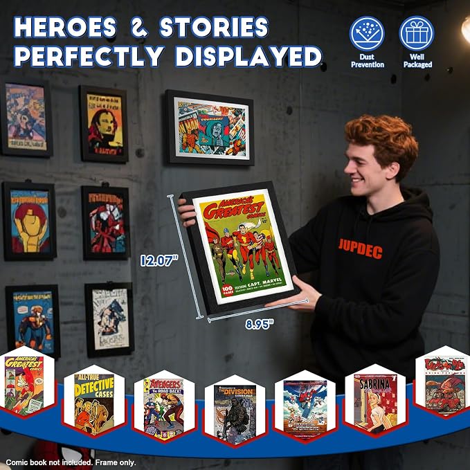 JupDec Comic Book Frame, Premium Wood Display Case for 6 11/16" × 10 3/16" Comic, Wall Mount or Tabletop Stand, Layered Design with Positioning Mat, Perfect for Home Decor, 1 Pack, White