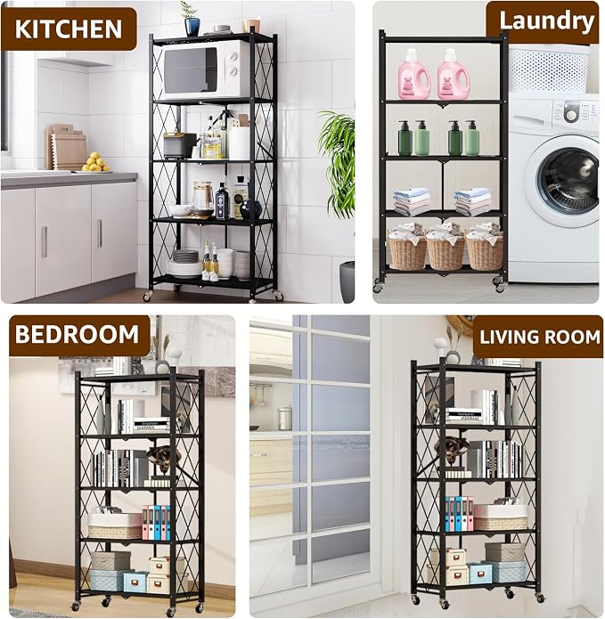 Heavy Duty 5-Tier Foldable Storage Shelf with Locking Wheels, No Assembly Metal Shelving Unit, Space-Saving Organizer for Garage, Kitchen, Basement, Pantry, 28" x 14" x 62", Black (2)
