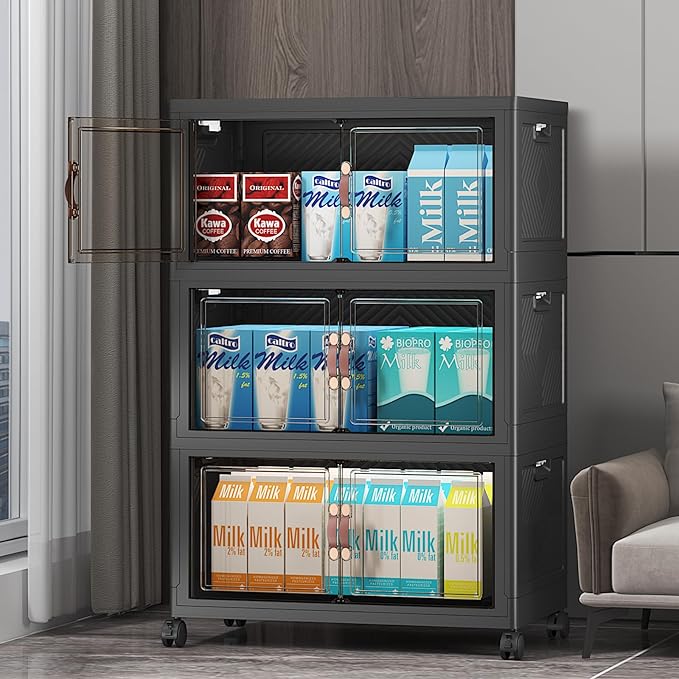 UAMFURI Stackable Storage Bins with Lids, Extra Large Plastic Organizer Cabinet Drawers, 144QT Collapsible Closet Containers with Doors and Wheels,For Bedroom, Kitchen, Office, Garage,(3Pack Cube)