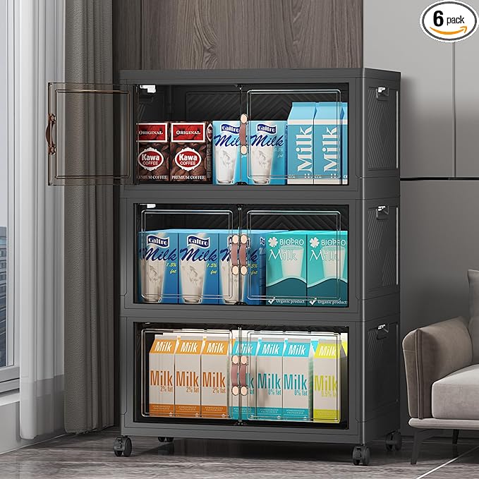 UAMFURI Stackable Storage Bins with Lids, Closet Organizers and Storage with Doors and Wheels, Extra Large Storage Cabinet for Bedroom Office Garage (Dark-55qt, 3Pack with 1 top lid)