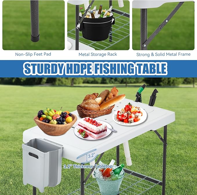 Folding Fish Cleaning Table Portable Camping Double Sinks Table w/2 Dual Water Basins, Faucet Drainage Hose & Sprayer Outdoor Fish Fillet Cleaning Station w/Knife, Storage Box,Black | Portable, Camping, 2 Dual Water Basins, Faucet, Drainage Hose, Sprayer