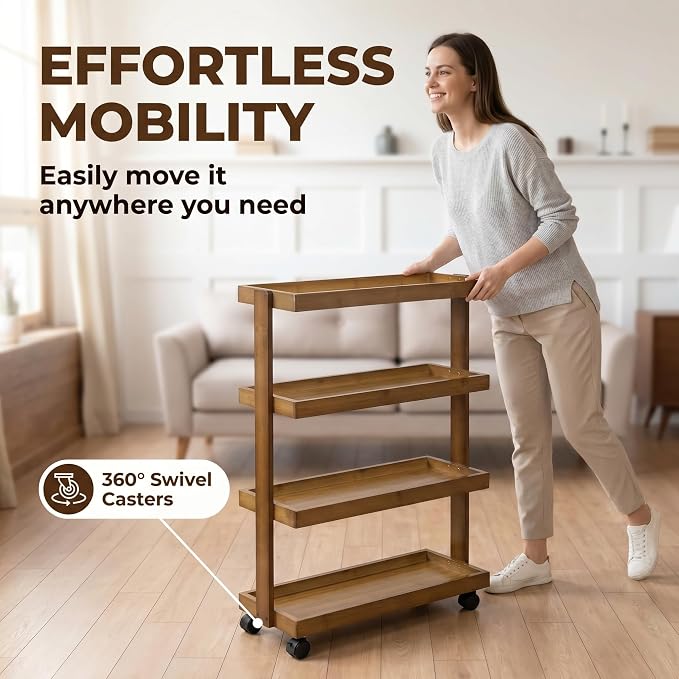 4-Tier Narrow Side Table with Wheels, Solid Wood Slim Rolling Storage Cart, Skinny End Table for Small Spaces, Moving Utility Shelf Organizer for Living Room, Bedroom, Kitchen, Bathroom