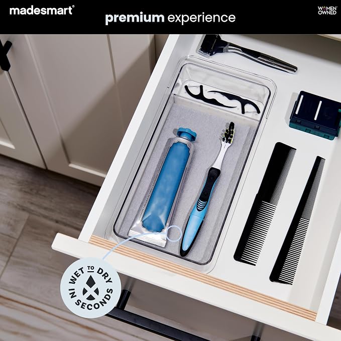 madesmart Toothbrush Drawer Organizer with Drying Stone, Clear Dental Organizer Tray for Bathroom Drawers, Toothpaste Holder, Dental Floss, Water Flosser and Mouthwash Storage, 12 Inch