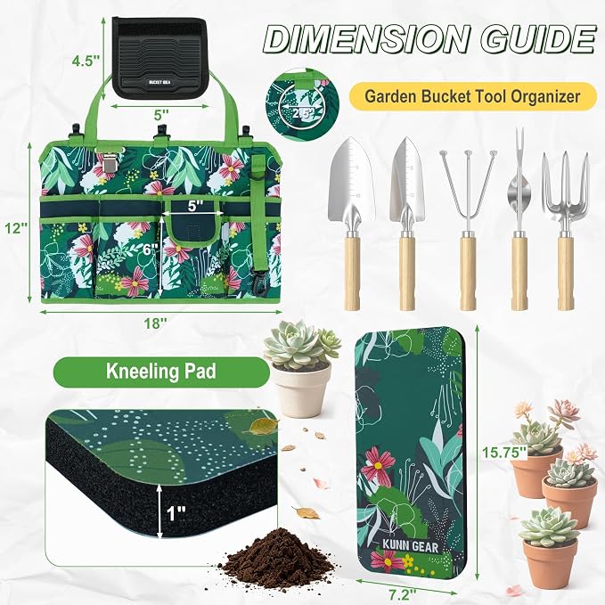 KUNN 5 Gal Garden Bucket Tool Organizer & Kneeling Pad Set, Garden Caddy | 18-Pocket Heavy Duty Garden Caddy, Hangable Handle, Polyester Tool Bag with Grip Handle, Gardening Kneeling Pad for Women