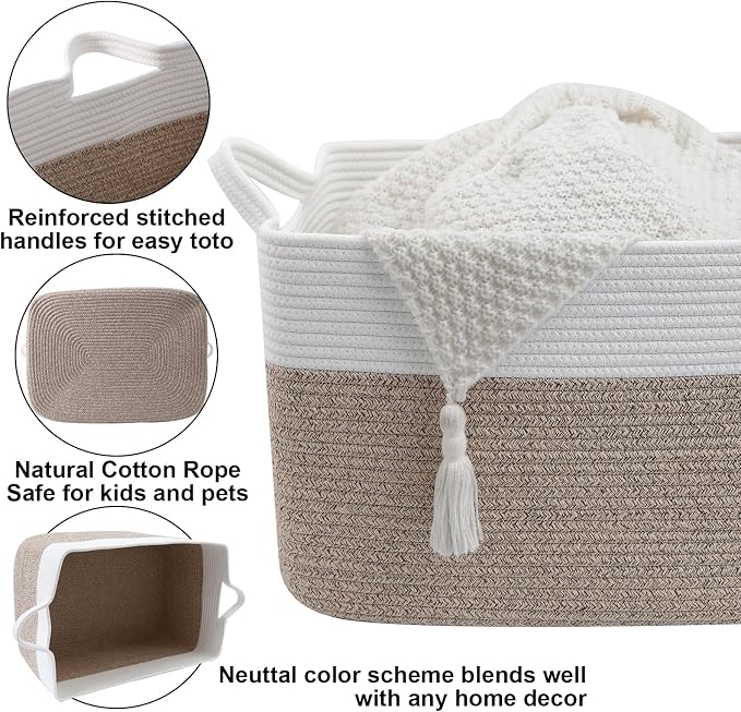 96L XXXLarge Woven Laundry Basket with Sturdy Handles - White/Brown | 24x16x15 Foldable Rectangular Blanket Basket for Toys, Clothes & Pillows,Ideal for Nursery, Bathroom, Bedroom, Living Room