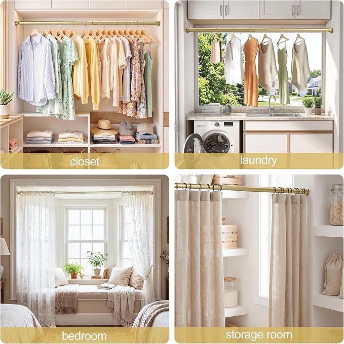 Adjustable Closet Rod for Hanging Clothes, 17-54inch Heavy Duty Metal tension clothes rod，1.3Inches Closet Pole with Hardware Kit for Closet Organization Laundry Room RV, Gold