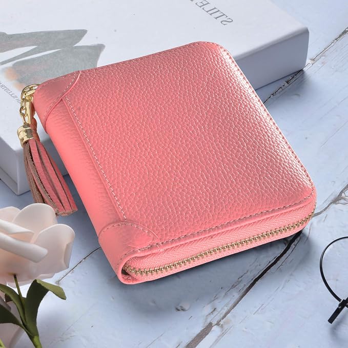 Easyoulife Womens Credit Card Holder Wallet Zip Leather Card Case RFID Blocking (Pink)