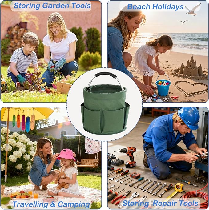 17L Foldable Cleaning Caddy with Handle, Cleaning Supplies Organizer Storage Basket with 6 Side Pockets, Portable Multi Cleaning Bucket Bag for Home Garden Bathroom Camping (Green)