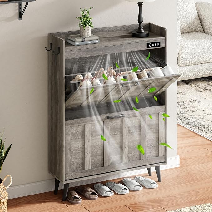 ChooChoo Shoe Storage Cabinet with 2 Flip Drawers, Deodorizing Shoe Organizer Storage for Entryway, Freestanding Hidden Slim Narrow Shoe Rack Cabinet, Grey