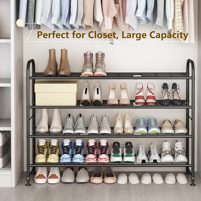LINZINAR 4 Tier Long Shoe Rack for Closet Metal Shoe Organizer for Entryway | Spacious design stores 25+ pairs of shoes,durable metal frame,space-saving organizer for closet, hallway, and Entryway Black