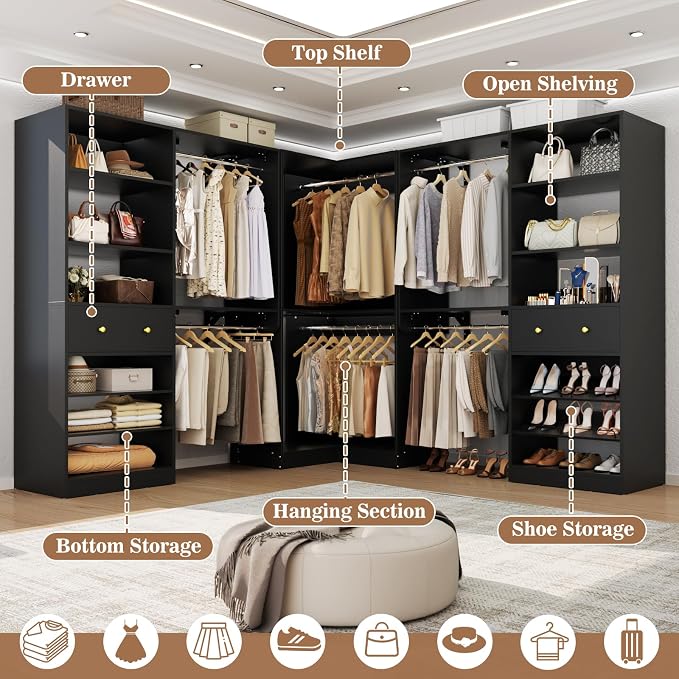 Armocity Closet System Set of 2 - Corner Closet Organizer System with Drawer/9 Shelves/4 Hanging Rods, 91.3" L-Shaped Walk-In Wardrobe Organizer, 1800+ lbs Capacity, Black