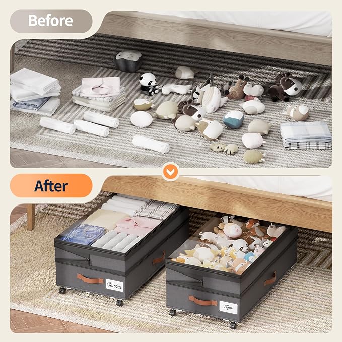 Yecaye 90L Under Bed Storage with Wheels, 8 in-11 in Height Adjustable Under Bed Storage Containers, Under Bed Shoe Storage with Lids & Label, Rolling Underbed Storage bins for Clothes, Toys, Grey