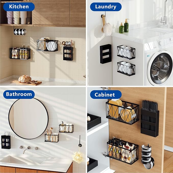 4 Pack No Drill Cabinet Door Lid Organizer for Plastic & Tumbler Lids, Inside Cabinet Wall Mounted Storage, Compatible with Tupperware & Yeti, with Magnetic Straw Holder