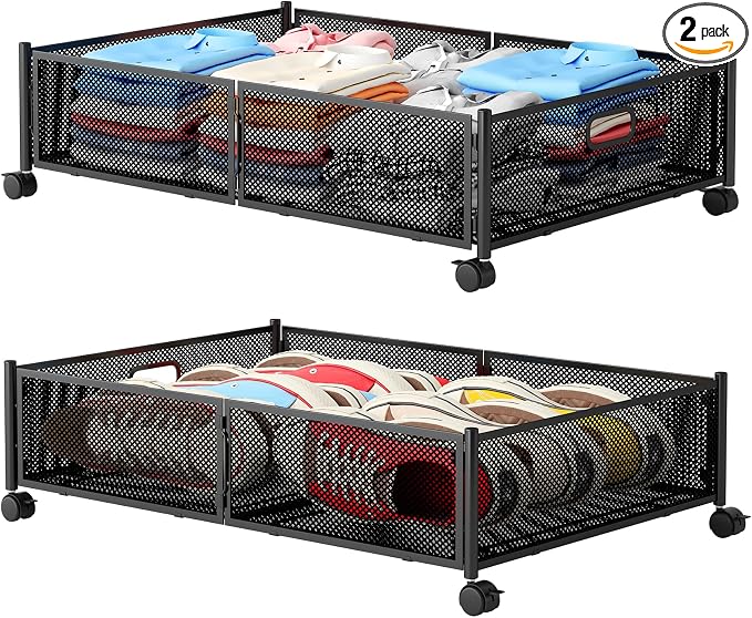 Gawerk Under Bed Storage with Wheels, Foldable Metal Mesh Underbed Storage Container Bins, Tool-free Assembly Clothes Drawer Organizer,2Pack