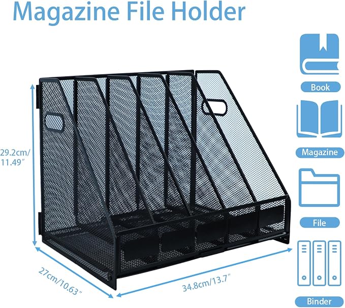 Desk Organizers Metal Magazine File Holder Racks Desktop Folder Storage Binder Organiser Document Organization for Home Office & Classroom,5 Vertical Compartments