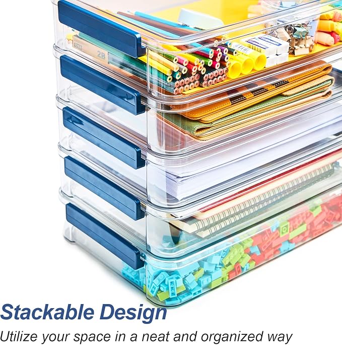 CATOOMUU 2-Pack 9x13 Clear Plastic Project Case Stackable Storage Box | 5.5Qt container with snap-tight latch, organizer for A4 files, photos, documents, scrapbooking, craft and art supplies